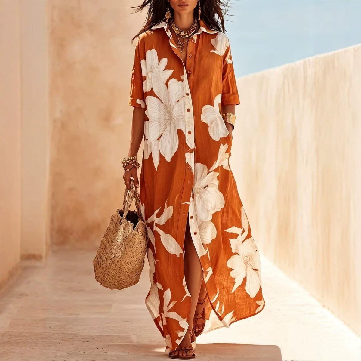 ✨✨White Floral Print Vacation Maxi Shirt Dress