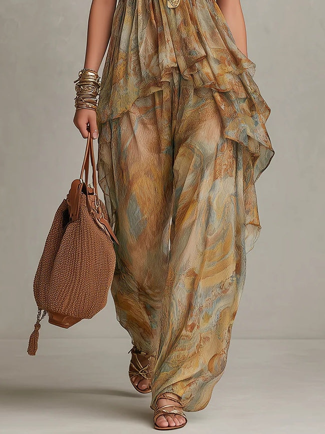 ✨Khaki Printed Chiffon Ruffled Camisole And Wide-leg Pants Set