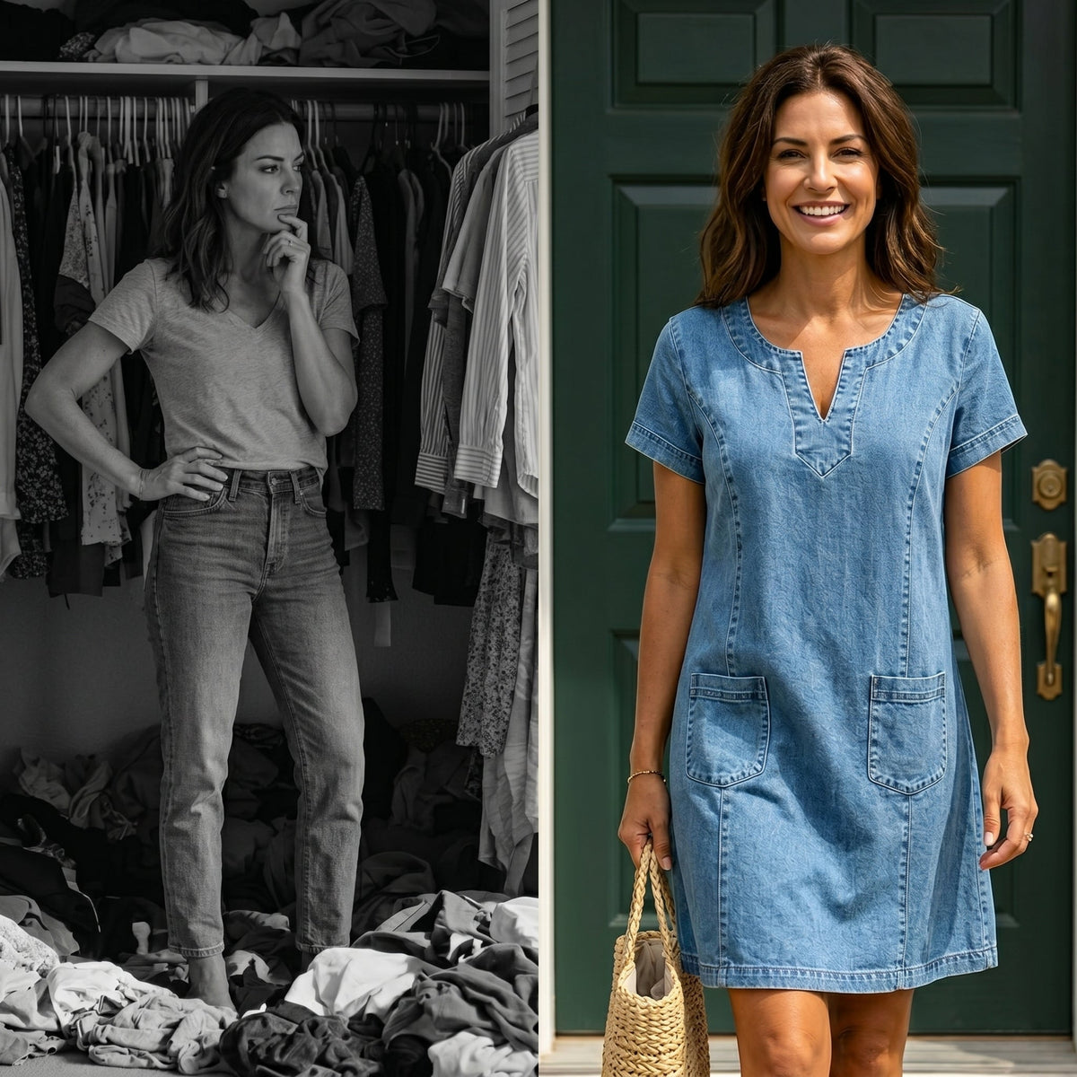 🌿🌿Women'S V-Neck Pleated Pocket Short-Sleeved Denim Dress