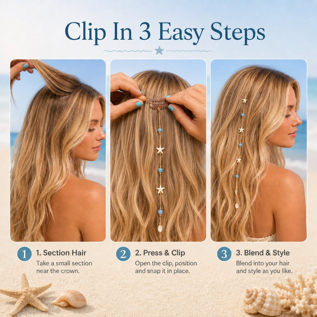 🔥LAST DAY 50% OFF - 🌊⭐Beachy Mermaid Hair Accent Clip (Featuring blue bead accents, starfish, and shell charms)
