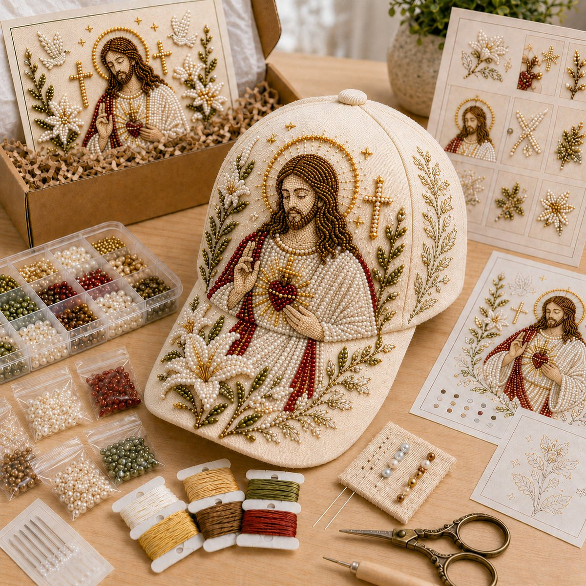 ✝️🧢 Premium Christian Faith Beaded Hat DIY Kit | Luxury Flocked Canvas with Scratch-Resistant Non-Fading Pearl Beads DIY Handmade Devotional Cap Decor 🕊️🪡✨