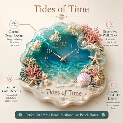Tides of Time Ocean Wave Wall Clock – Iridescent Coastal Décor with Pearls, Seashells & Coral