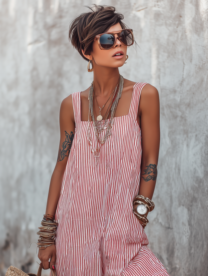 ✨Women's Minimalist Striped Loose-Fit Square-Neck Sleeveless Jumpsuit