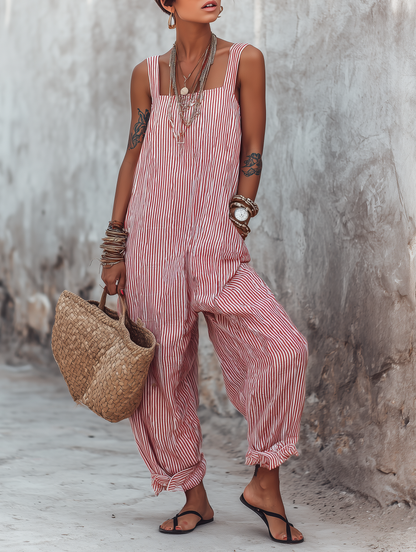✨Women's Minimalist Striped Loose-Fit Square-Neck Sleeveless Jumpsuit