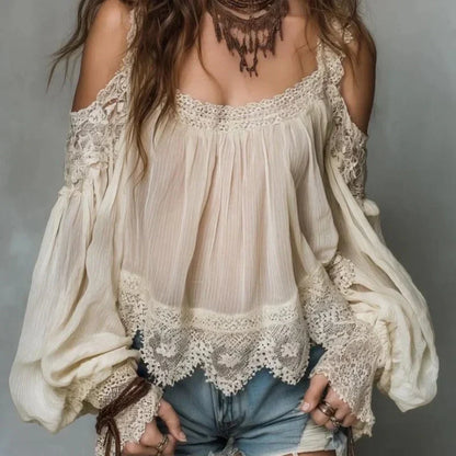 🍀Women's Boho Lace Cold-Shoulder Blouse - Off-Shoulder Lantern Sleeve Loose Top🍀