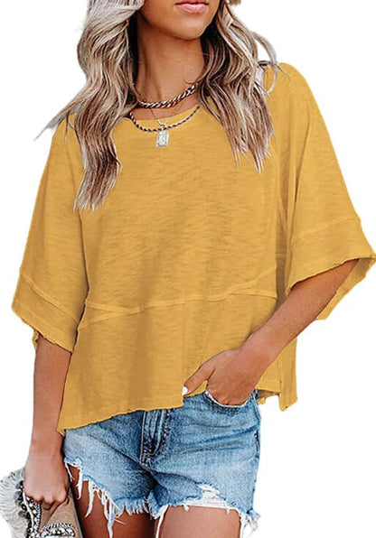 Panel Solid Color Flared Sleeve T-Shirt
