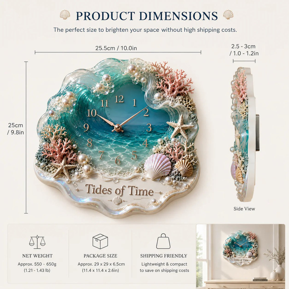 Tides of Time Ocean Wave Wall Clock – Iridescent Coastal Décor with Pearls, Seashells & Coral