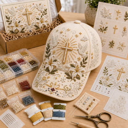 ✝️🧢 Premium Christian Faith Beaded Hat DIY Kit | Luxury Flocked Canvas with Scratch-Resistant Non-Fading Pearl Beads DIY Handmade Devotional Cap Decor 🕊️🪡✨