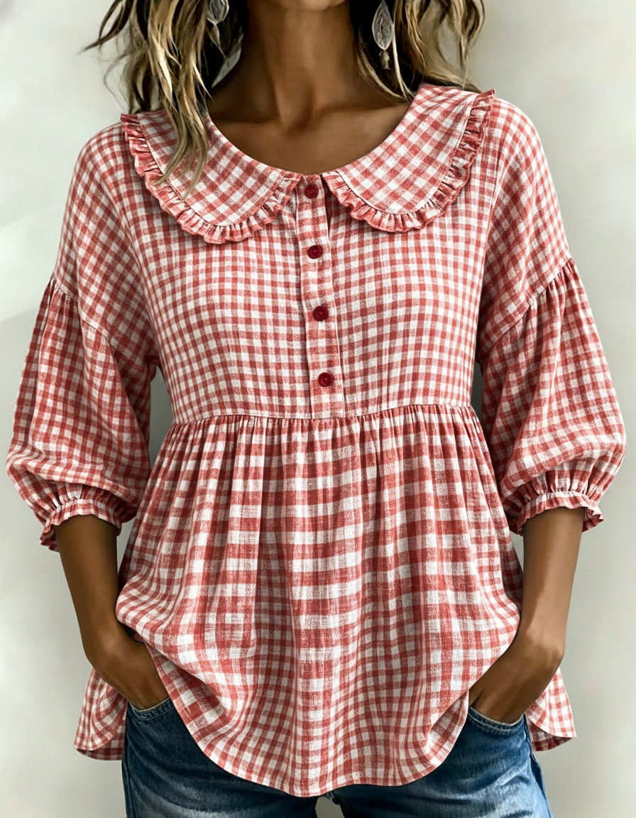 ✨New Arrivals🔥Women's Gingham Puff Sleeve Peplum Blouse