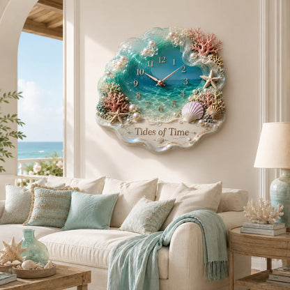 Tides of Time Ocean Wave Wall Clock – Iridescent Coastal Décor with Pearls, Seashells & Coral