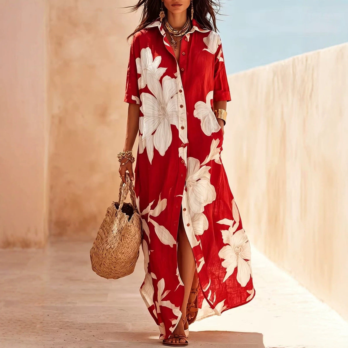 ✨✨White Floral Print Vacation Maxi Shirt Dress