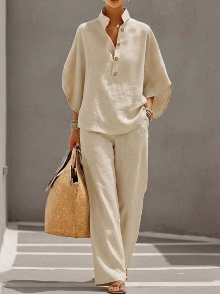 Women's Batwing Sleeve Linen Cotton Two-Piece Set – Casual Shirt & Wide Leg Pants Outfit