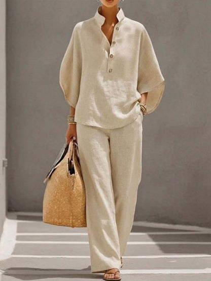 Women's Batwing Sleeve Linen Cotton Two-Piece Set – Casual Shirt & Wide Leg Pants Outfit