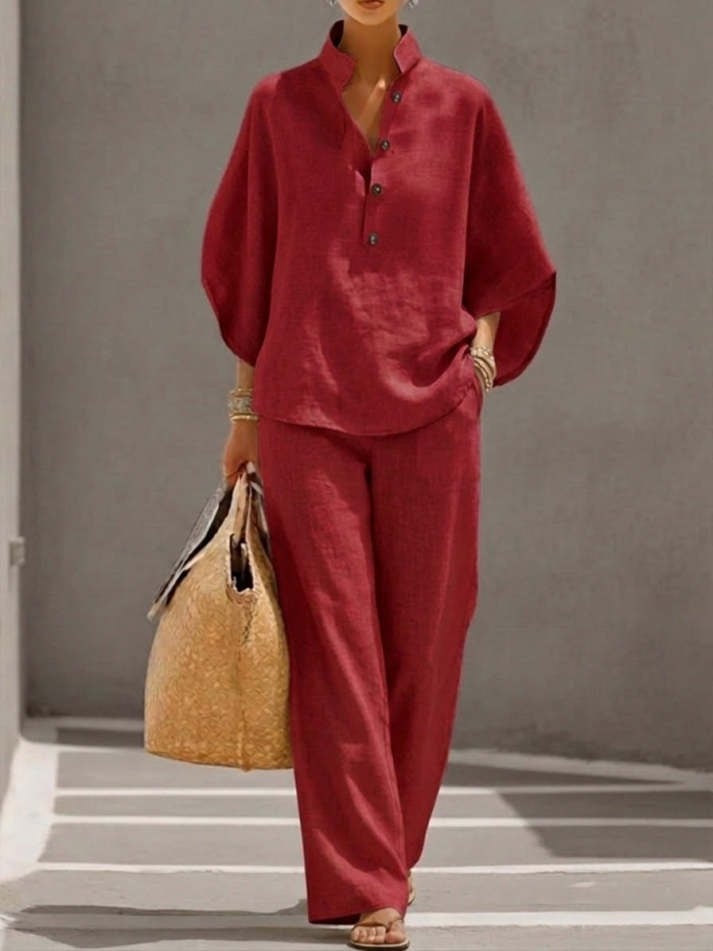 Women's Batwing Sleeve Linen Cotton Two-Piece Set – Casual Shirt & Wide Leg Pants Outfit