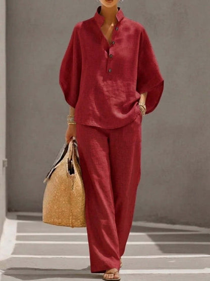 Women's Batwing Sleeve Linen Cotton Two-Piece Set – Casual Shirt & Wide Leg Pants Outfit