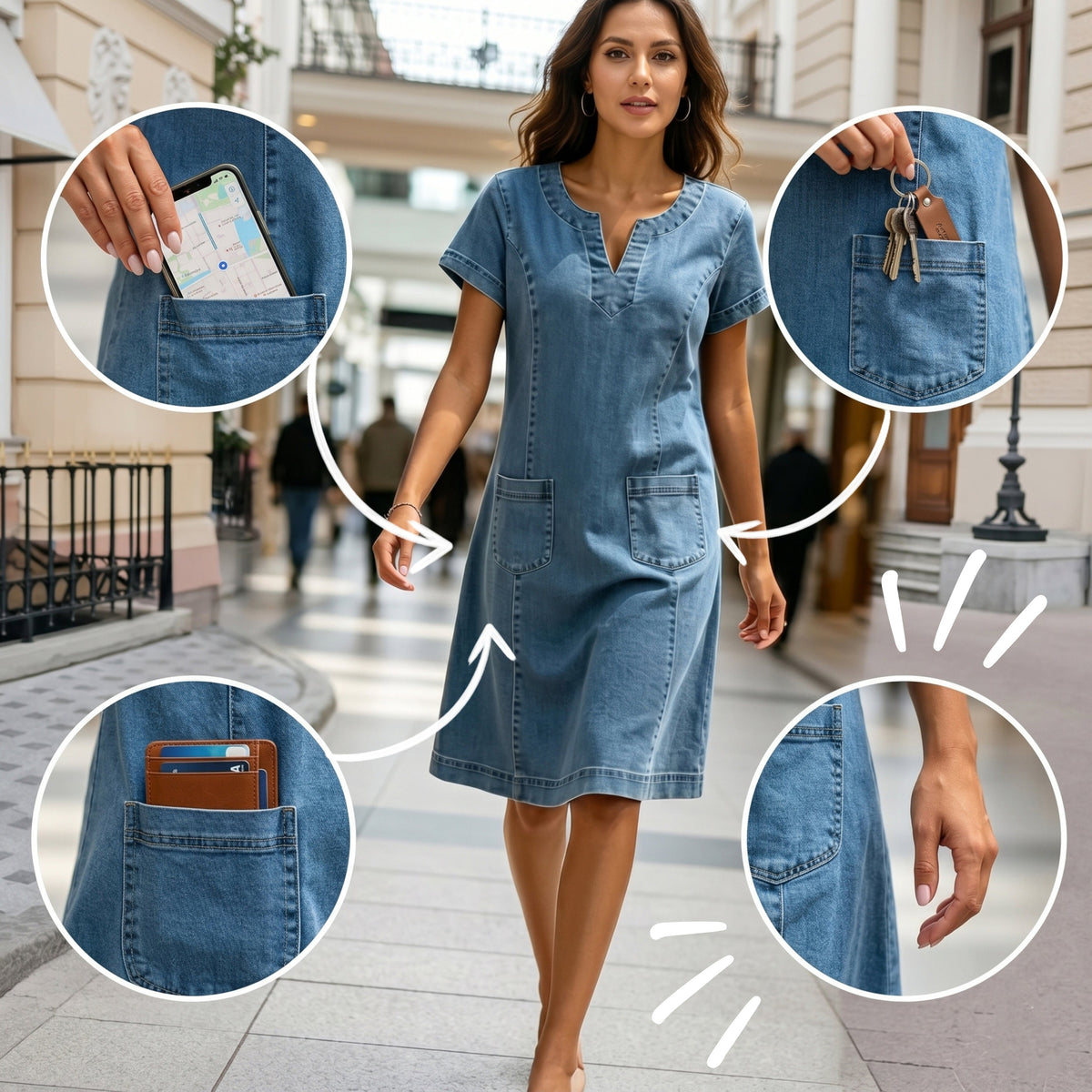 🌿🌿Women'S V-Neck Pleated Pocket Short-Sleeved Denim Dress