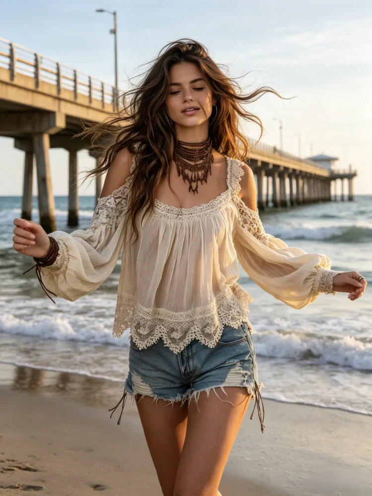 🍀Women's Boho Lace Cold-Shoulder Blouse - Off-Shoulder Lantern Sleeve Loose Top🍀