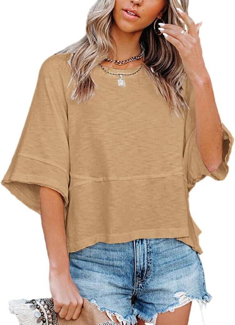 Panel Solid Color Flared Sleeve T-Shirt
