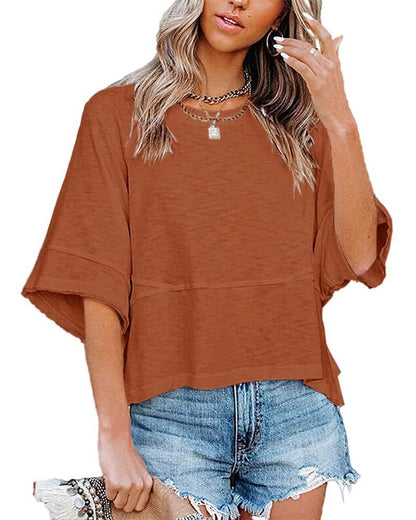 Panel Solid Color Flared Sleeve T-Shirt
