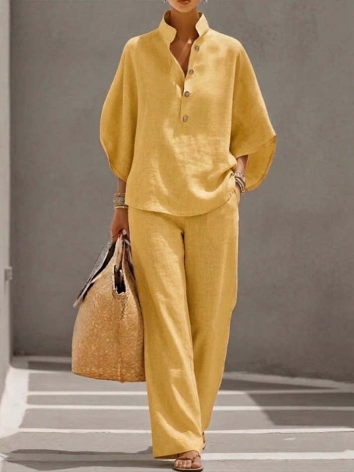 Women's Batwing Sleeve Linen Cotton Two-Piece Set – Casual Shirt & Wide Leg Pants Outfit
