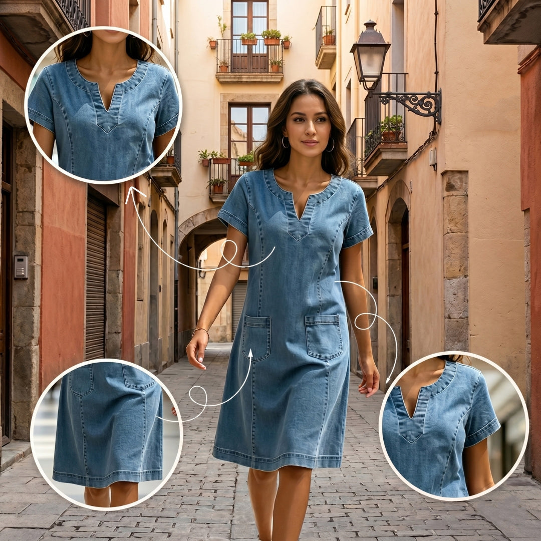 🌿🌿Women'S V-Neck Pleated Pocket Short-Sleeved Denim Dress