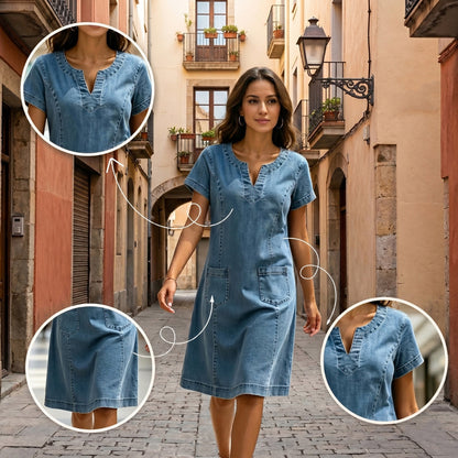 🌿🌿Women'S V-Neck Pleated Pocket Short-Sleeved Denim Dress