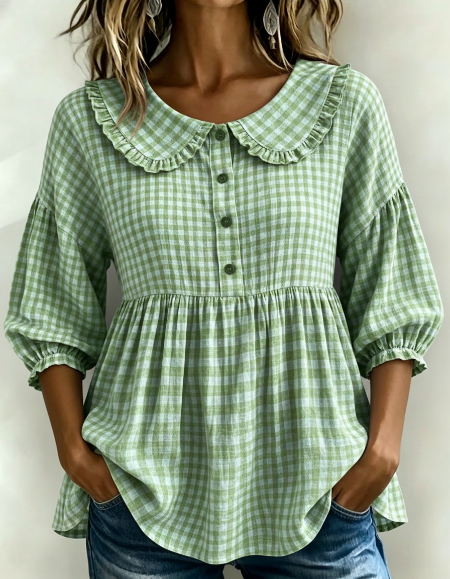 ✨New Arrivals🔥Women's Gingham Puff Sleeve Peplum Blouse