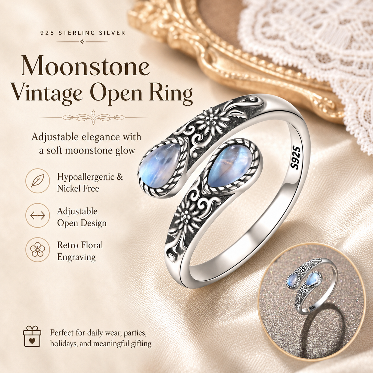 💥 BUT 2 GET 10% OFF 💥Moonstone Bloom Ring | Vintage Style • Adjustable Fit • Timeless Elegance
