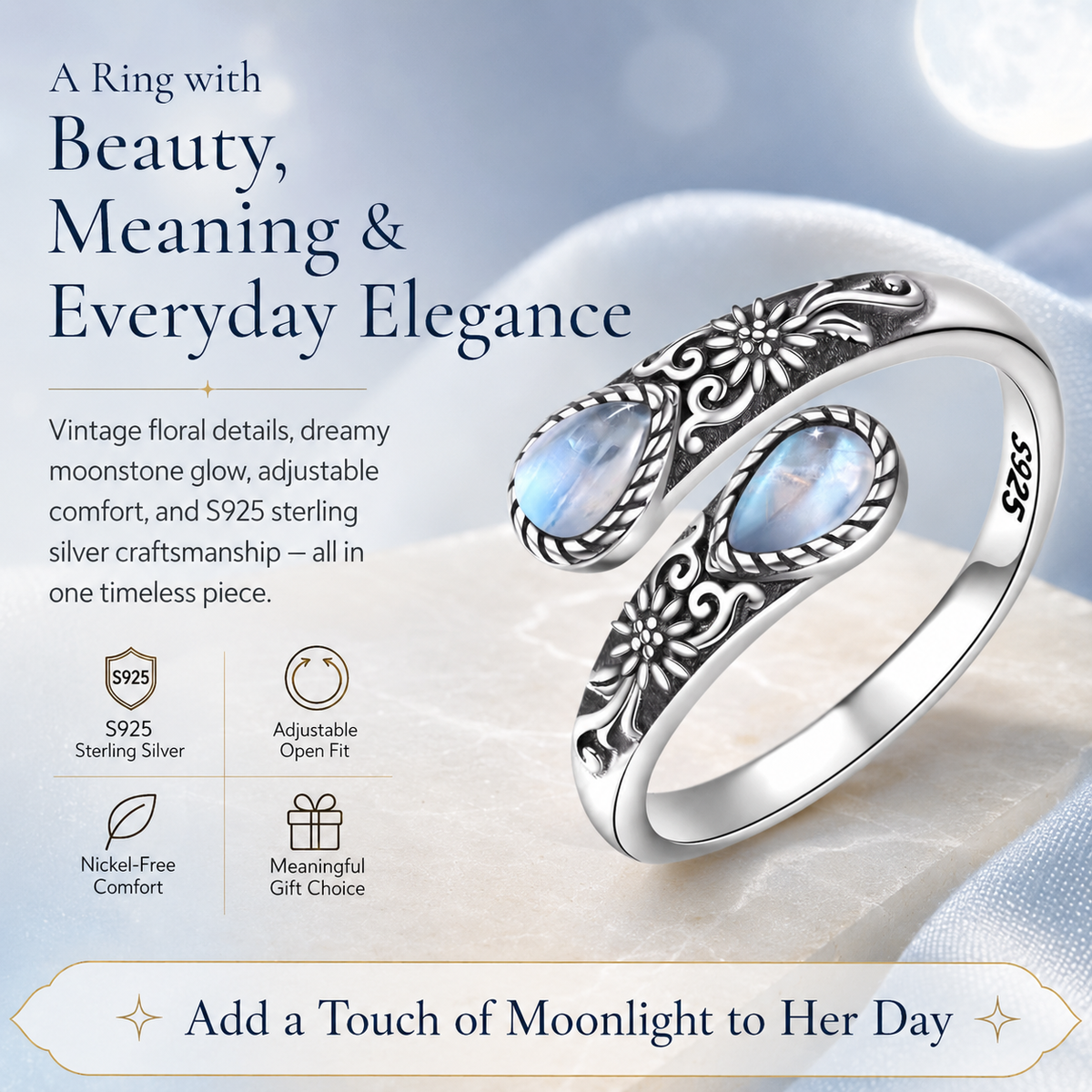 💥 BUT 2 GET 10% OFF 💥Moonstone Bloom Ring | Vintage Style • Adjustable Fit • Timeless Elegance