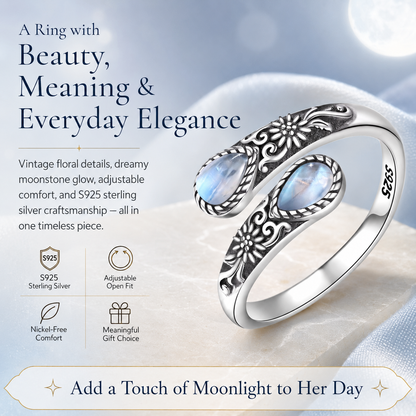 💥 BUT 2 GET 10% OFF 💥Moonstone Bloom Ring | Vintage Style • Adjustable Fit • Timeless Elegance
