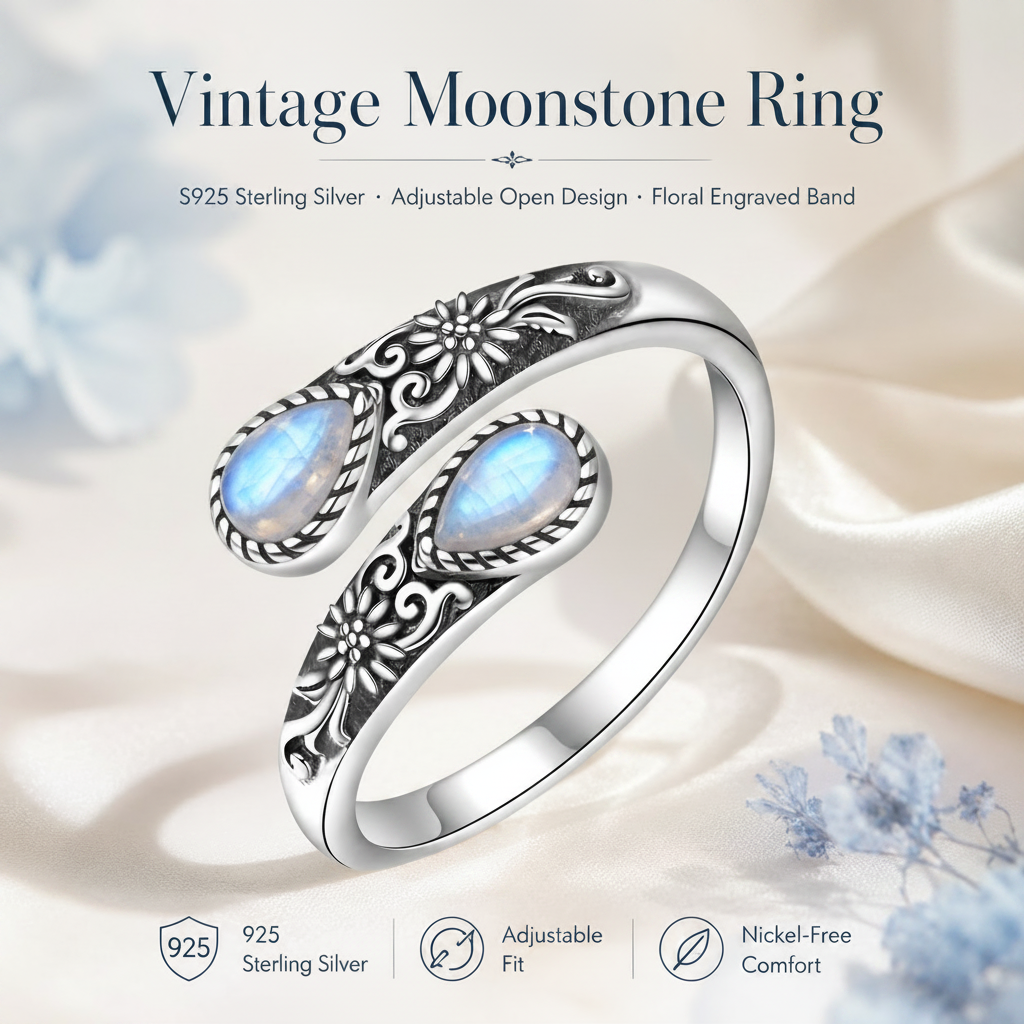 💥 BUT 2 GET 10% OFF 💥Moonstone Bloom Ring | Vintage Style • Adjustable Fit • Timeless Elegance