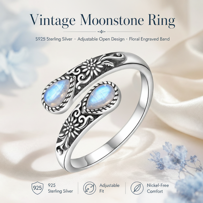 💥 BUT 2 GET 10% OFF 💥Moonstone Bloom Ring | Vintage Style • Adjustable Fit • Timeless Elegance