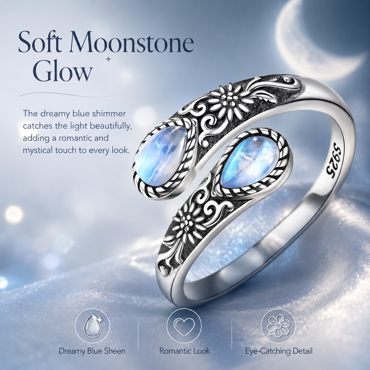 💥 BUT 2 GET 10% OFF 💥Moonstone Bloom Ring | Vintage Style • Adjustable Fit • Timeless Elegance