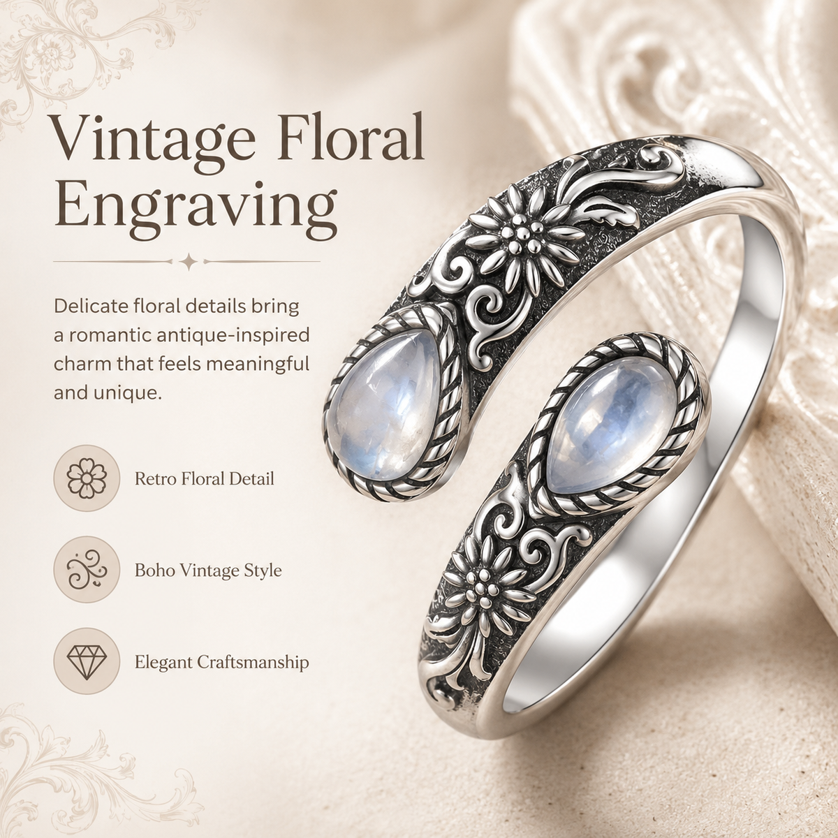 💥 BUT 2 GET 10% OFF 💥Moonstone Bloom Ring | Vintage Style • Adjustable Fit • Timeless Elegance