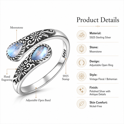 💥 BUT 2 GET 10% OFF 💥Moonstone Bloom Ring | Vintage Style • Adjustable Fit • Timeless Elegance