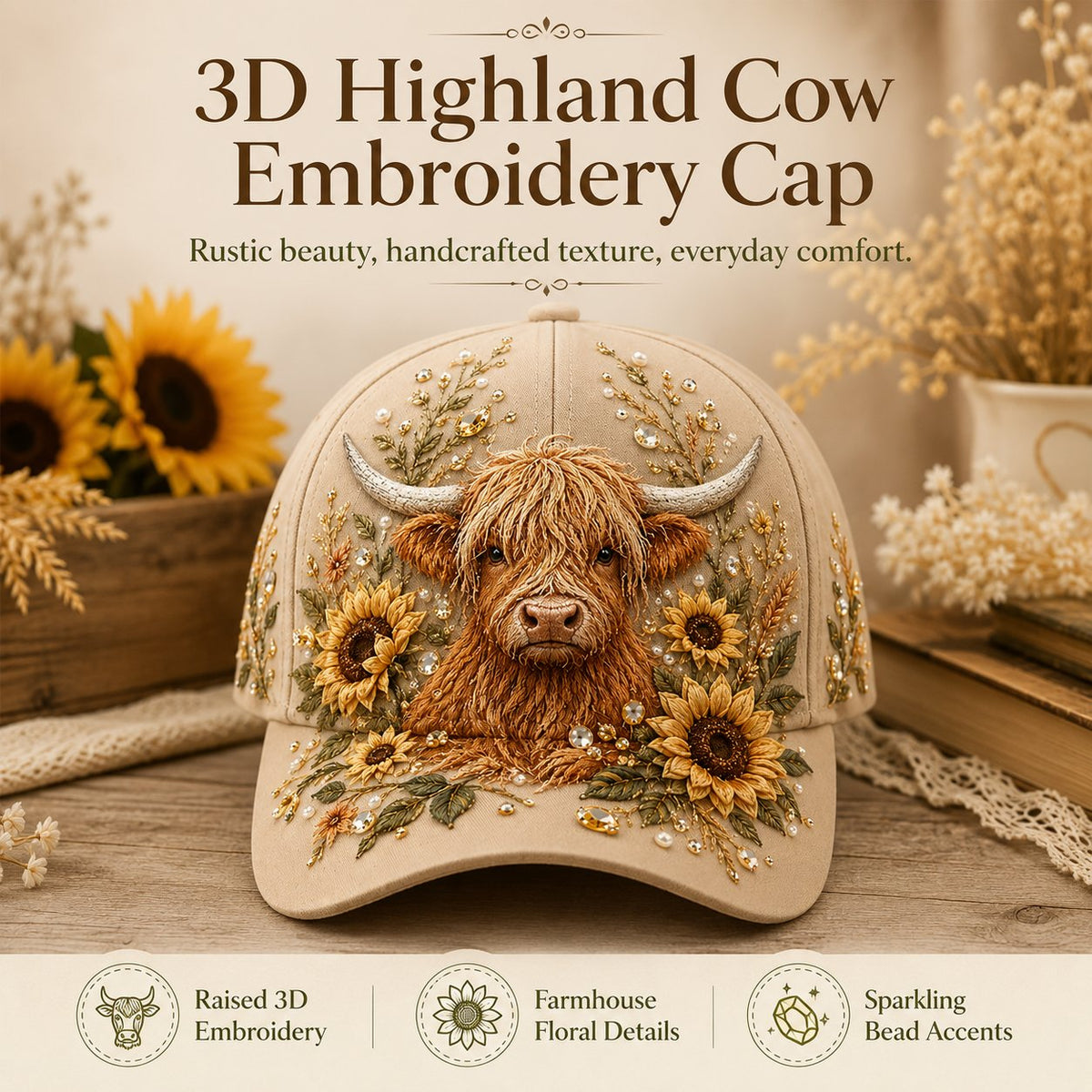 🐂3D Highland Cow Embroidery Cap🧢(Breathable & Lightweight Comfort & Unisex Fit)