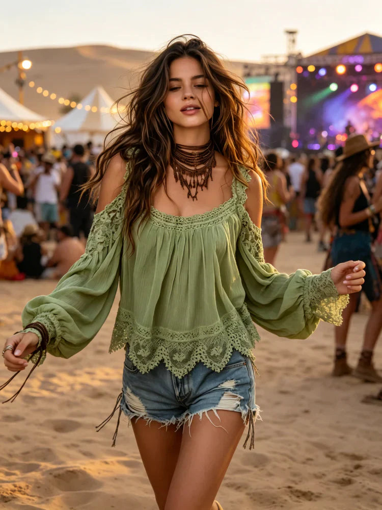 🍀Women's Boho Lace Cold-Shoulder Blouse - Off-Shoulder Lantern Sleeve Loose Top🍀