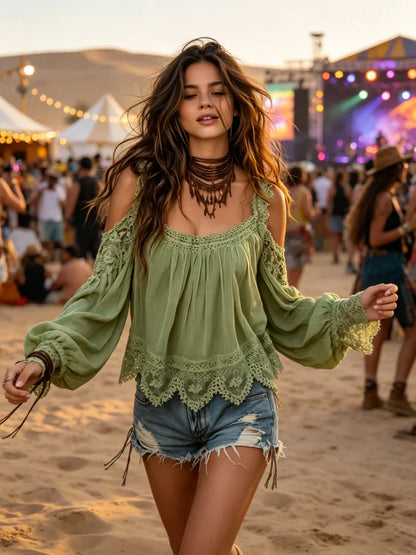 🍀Women's Boho Lace Cold-Shoulder Blouse - Off-Shoulder Lantern Sleeve Loose Top🍀