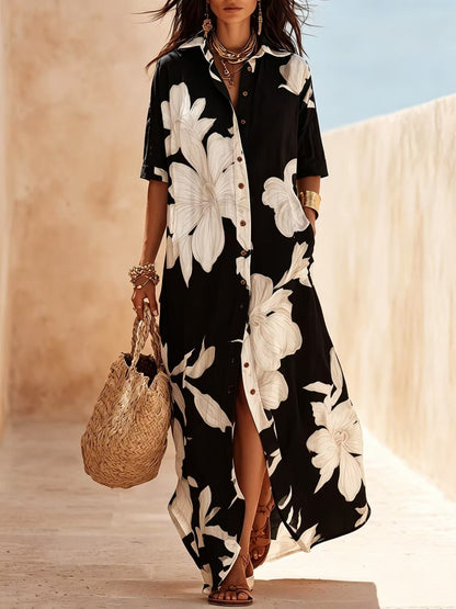 ✨✨White Floral Print Vacation Maxi Shirt Dress