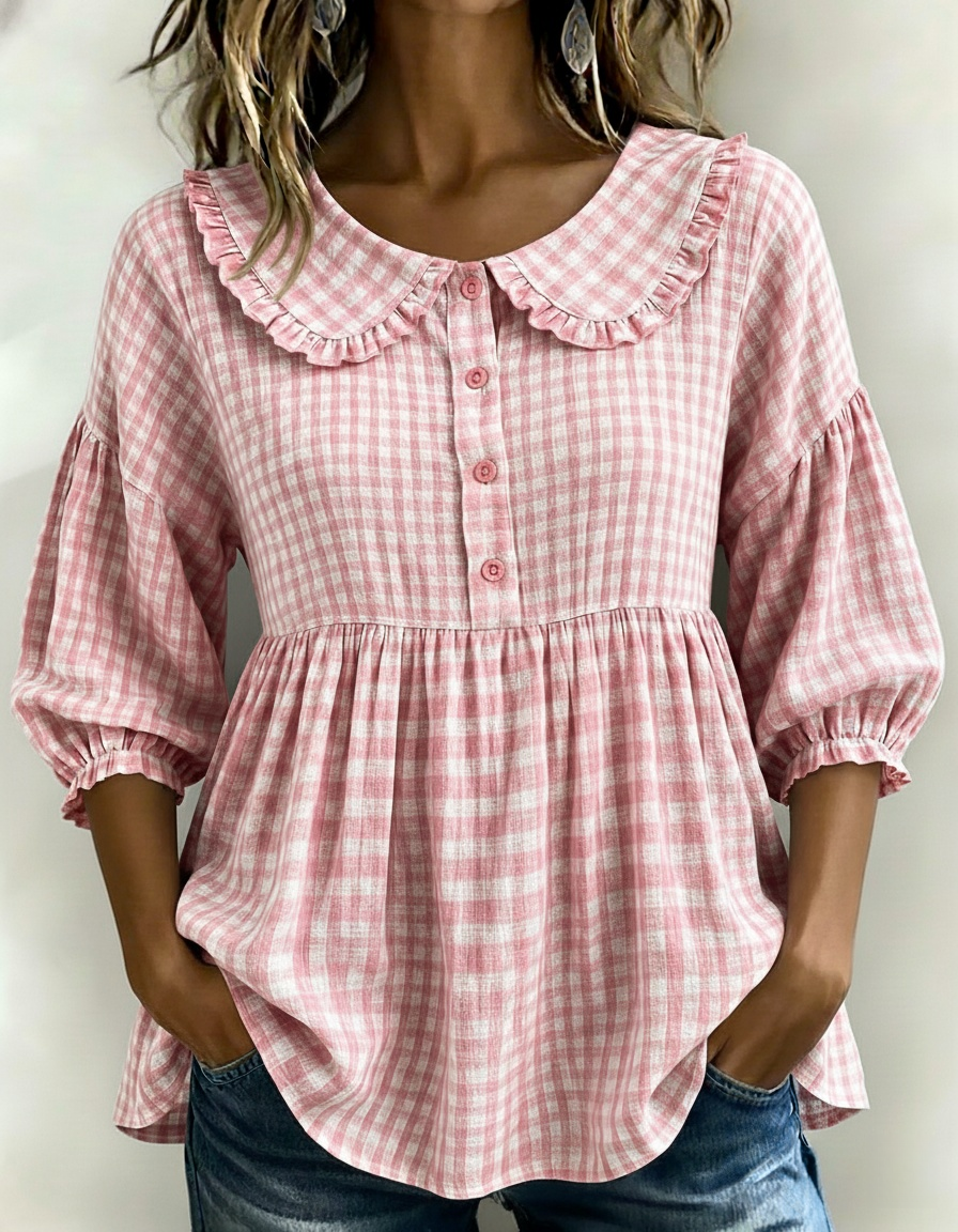 ✨New Arrivals🔥Women's Gingham Puff Sleeve Peplum Blouse