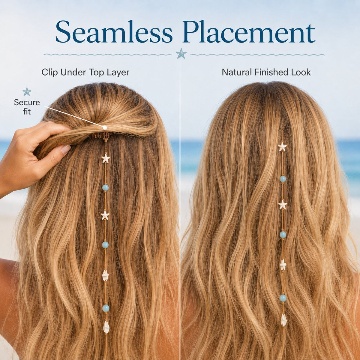 🔥LAST DAY 50% OFF - 🌊⭐Beachy Mermaid Hair Accent Clip (Featuring blue bead accents, starfish, and shell charms)