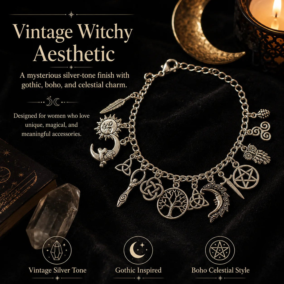🔮🌟Vintage Witchy Charm Bracelet | Celestial Gothic Boho Jewelry for Women