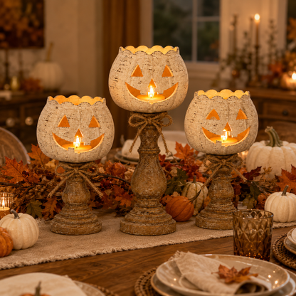 Rustic White Pumpkin Tealight Candle Holder Set of 3