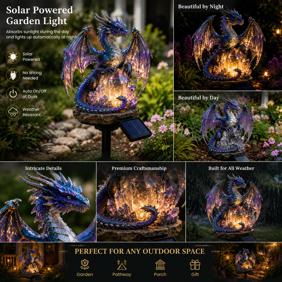 Solar Dragon Crystal Garden Light – Glowing Fantasy Outdoor Yard Decor with Solar Panel