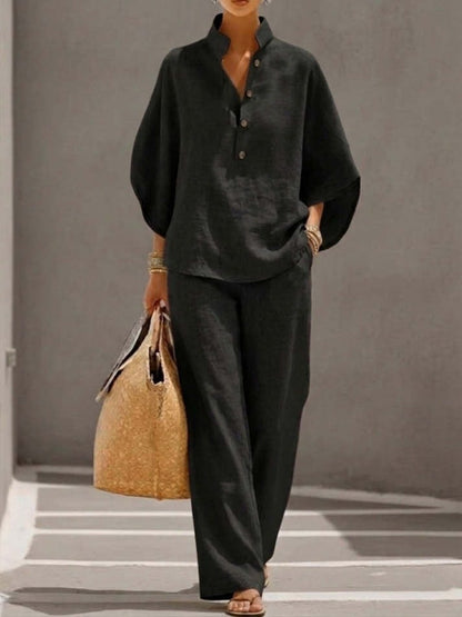 Women's Batwing Sleeve Linen Cotton Two-Piece Set – Casual Shirt & Wide Leg Pants Outfit