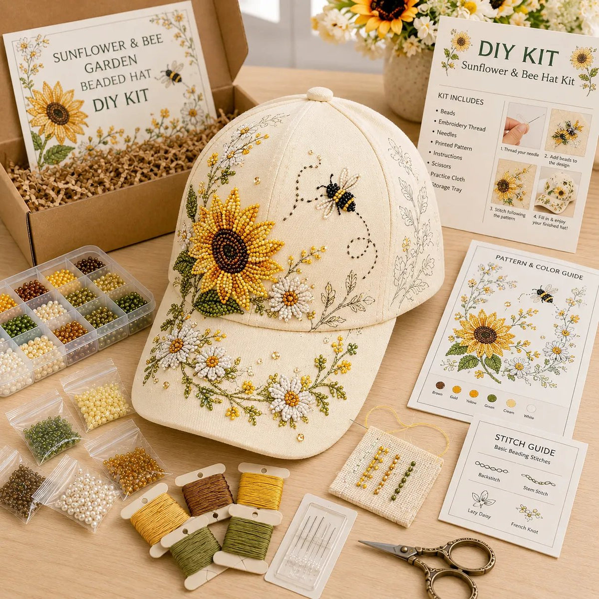 🐦🌸 Premium Hummingbird Garden Beaded Hat DIY Kit | DIY Handmade Floral Cap Decor 🌿🪡✨