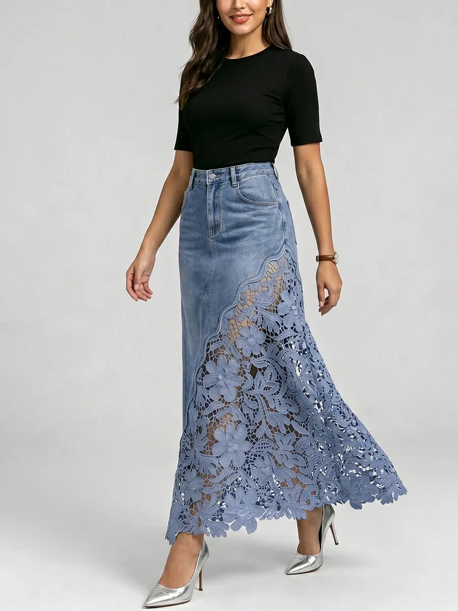 ✨Stylish & Sexy Lace-paneled Cutout Denim Skirtv