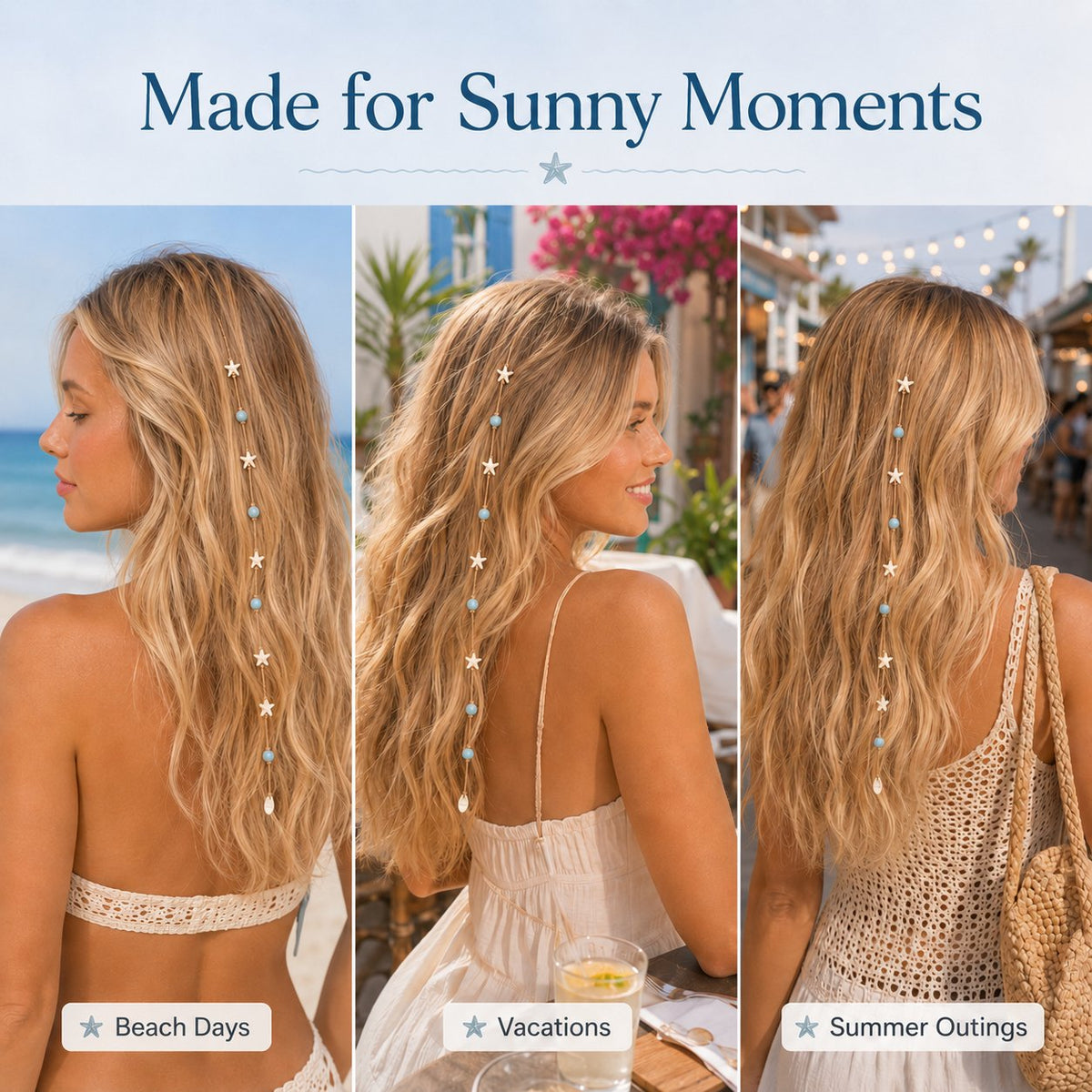 🔥LAST DAY 50% OFF - 🌊⭐Beachy Mermaid Hair Accent Clip (Featuring blue bead accents, starfish, and shell charms)