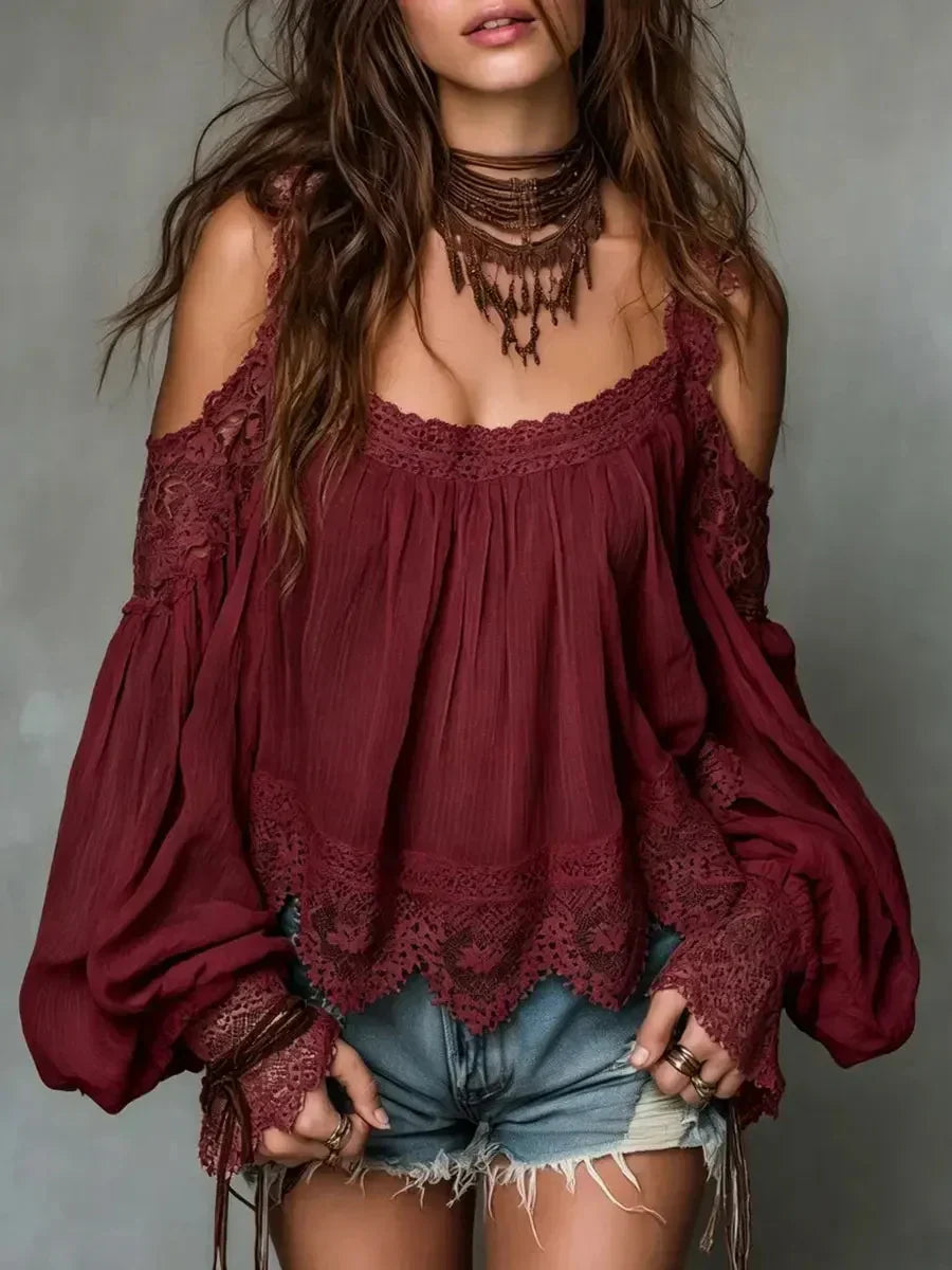 🍀Women's Boho Lace Cold-Shoulder Blouse - Off-Shoulder Lantern Sleeve Loose Top🍀