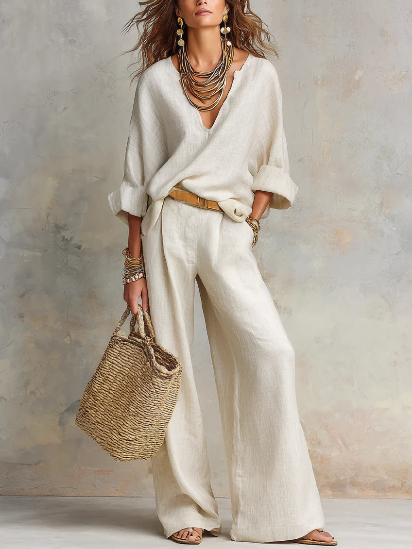 ✨✨LAST DAY SAVE 49% ⏰Women's Casual Linen Vacation Set – Three-Quarter Sleeve Top & Full-Length Pants
